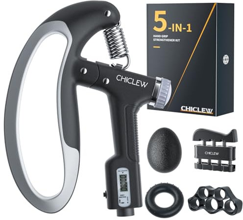 CHICLEW Musculation Main Kit de 5, Entraînement de Musculation Avant Bras, Pince Poignée 5-60kg/100 kg Ajustable Comptage, Exerciseur de Doigts, Étireur de Doigts, Anneau d'exercice, Balle Anti-Stress