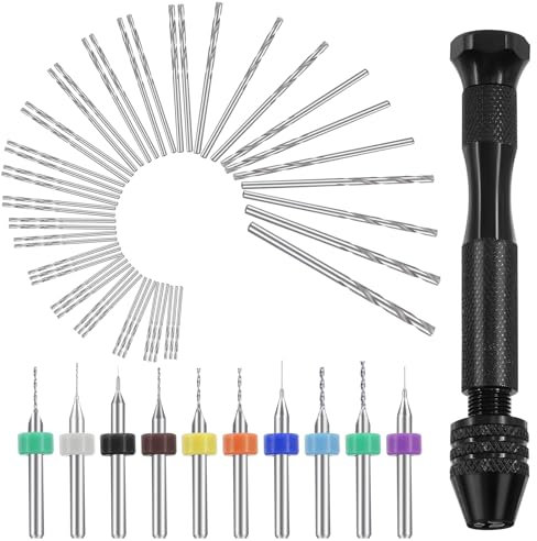 Swpeet Lot de 57 forets manuels comprenant un étau à broches, 46 forets hélicoïdaux et 10 mini forets assortis, mini perceuse manuelle pour le travail du bois PCB pour résine et noyer (embouts de