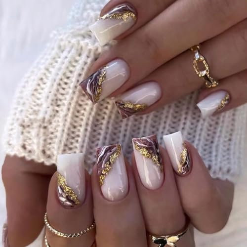 Resweky 24 Pcs Carré Gros Ongles Faux Français Impression sur Ongles Brillant Gradient Couleur Café Faux Ongles Couverture Complète Acrylique Ongles pour Femmes…