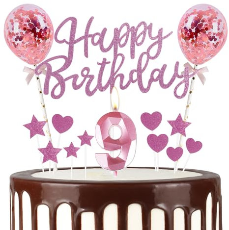 mciskin Pink 9th Birthday Decorations for Girl,3D Number 9 Candle for Cake,Pink Cake Toppers for Girl,Glitter Happy 9th Birthday Cake Toppers Balloons for Party Decorations Supplies