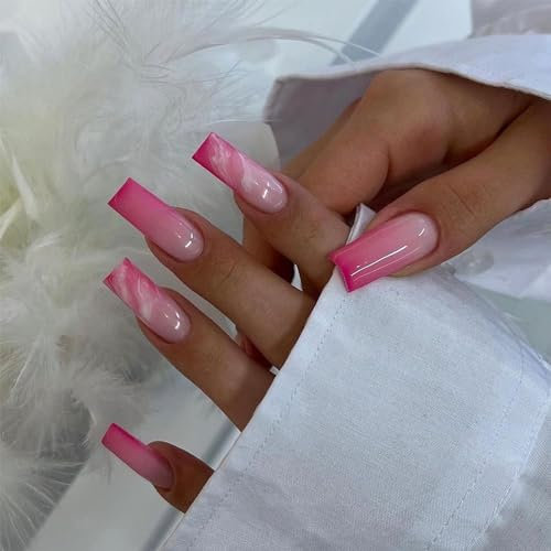 24PCs Long Hot Pink Press On Ballerina Stick On Glue-On Acrylic Full Cover Marble Style Nails - Women & Girls Nail Art Accessories