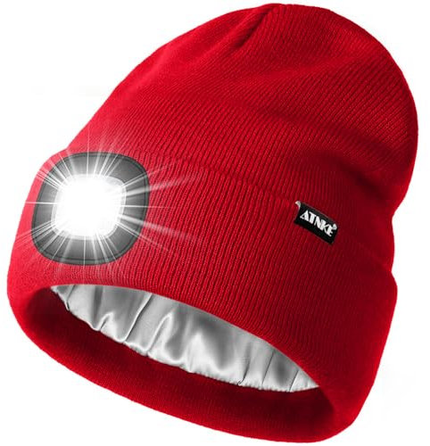 ATNKE LED Beleuchtete Mütze mit Licht,Wiederaufladbare USB 4 LED Beleuchtete Laufmütze Extrem Heller Lampe Winter Warme Satin Seide Gefüttertes Geschenke für Herren und Damen/Red