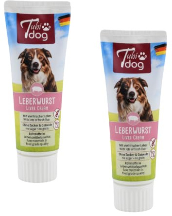 Tubi DOG Delizia di salsiccia di fegato in tubo per cani | Confezione Doppia | 2 x 75 g | Tubo pratico al tocco morbido | Pasta snack ridotta di grassi senza zucchero