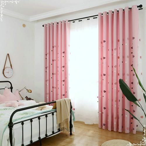 Gualiy Gardinen Blickdicht 2er Set, Verdunkelungsvorhang Thermo Ösen 137x160CM mit Herzmuster Vorhang Rosa Vorhänge für Balkon