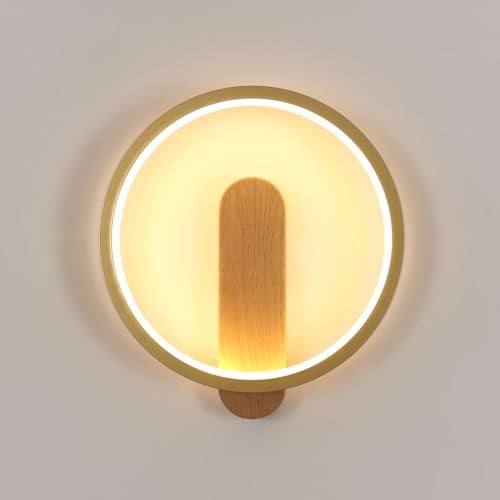 Goeco LED Wandleuchten Innen Moderne, 15W LED Wandlampe Runde, 3000K Warmweißes Licht Wandbeleuchtung für Schlafzimmer Wohnzimmer Treppe Flur, Holzfarbe