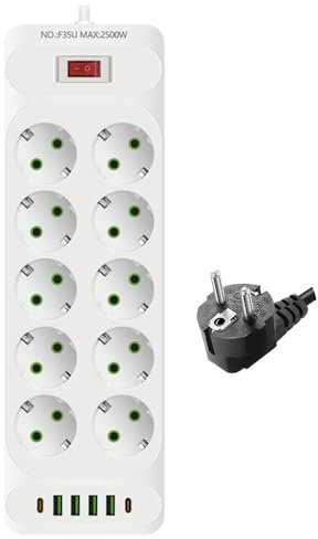 Mineup Multiprise 10 Prises, Multiprises Electrique, Bloc Multiprise, Multiprise Parafoudre, Multiprise avec USB, Multiprise Murale avec Interrupteur,Convient pour la Maison, Les Voyages 2m-Blanc