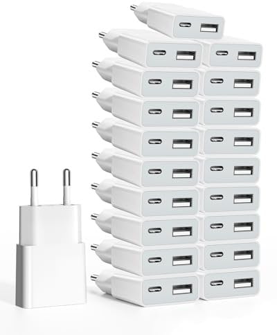 SCHITEC 20Pack Cargador USB de 5W 5V/1A 2 Puertos USB C + USB A Adaptador de Enchufe para iPhone, Lector de Libros Electrónicos, Xperia, MP3, Smartphone Galaxy S8,Huawei