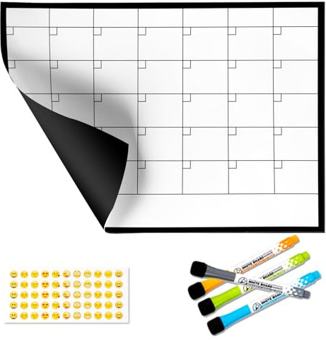 SB® Calendario Mensual Magnético Nevera Tamaño A4 30x21Cm + 4 Rotuladores + Stikers Emogí | Pizarra Planificador Mensual con Imán Flexible.