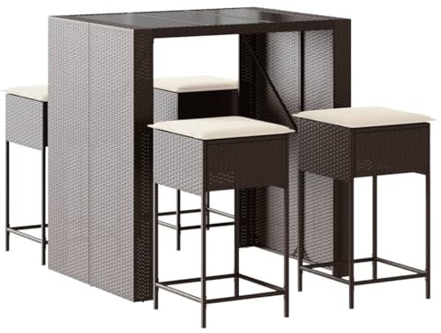 vidaXL Gartenbar Set 5-TLG., Gartenmöbel mit Kissen, Bartisch Stehtisch Barhocker Barstuhl, Theke Bar Tresen Gartentheke Sitzgruppe, Braun Poly Rattan