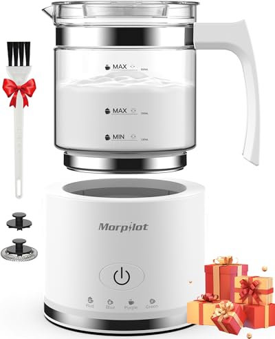 Morpilot Mousseur à lait électrique, Milk Frother en verre, beau à voir, 4 en 1 fonction, capacité 250 ml Cappuccino ou 500 ml Lait chaud, design divisé, blanc