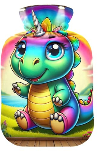 Wärmflasche mit süßem Dinosaurier-Regenbogen, Wärmekissen, Wärmbeutel zur Linderung von Nacken- und Schulterschmerzen, 1 l
