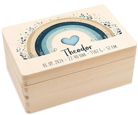 Baby Erinnerungsbox - tolle Holzkiste personalisiert Baby - 30 x 20 x 14 Holz - personalisierte Erinnerungskiste - Boho Regenbogen Jungen - Babybox Erinnerung