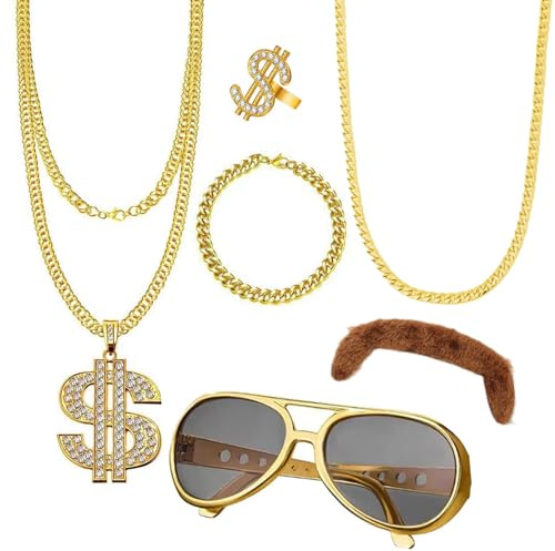 WanderGo Costume hip-hop des années 80 et 90, accessoires de rappeur unisexe pour adulte avec bague de caractère chinois, accessoires pour carnaval, Halloween, fête