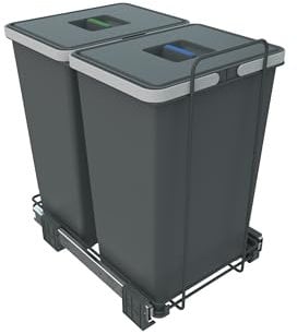 Handle & Home 400mm Grey Cabinet Bin Base Mounted 2 x 24L Integrated Pull Out Waste Recycling