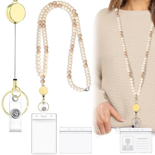 Yuqilin Kartenhalter Ausweis mit Schlüsselband, Id Card Holder, Ausweishülle mit Band, Card Sleeves Karten Halter Lanyard, Einziehbarer Schlüsselanhänger, für Krankenschwestern Doktor Student, Beige