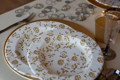 EX.TRA. Piatti Fondi a Righe Compostabili Floreali Oro 25,5 cm 8 Pezzi