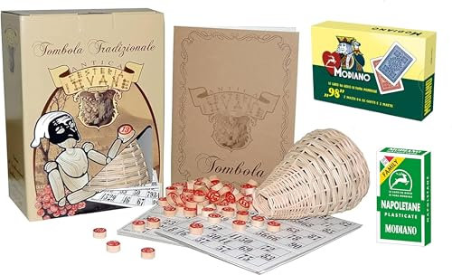 Tombola Tradizionale Napoletana con numeri in legno Panariello in Vimini Carte da Gioco Napoletane e Poker 98 Modiano