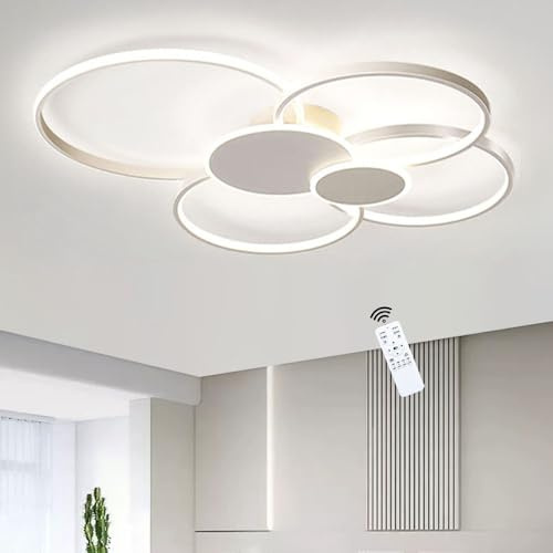 LIUYU LED Deckenlampe Wohnzimmer Modern dimmbare Ringe 100×82cm 90W Weiß | Deckenlampe für Wohnzimmer mit Fernbedienung, 3000K‑6500K, Helligkeit 10‑100% regelbar, Speicherfunktion, 6‑Ring‑Design