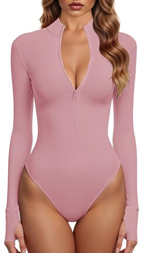 GJY Body da donna con zip frontale a maniche lunghe, Rosa dolce, S