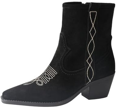 TMA EYES Damen modische und bequeme Denim Stiefel, quadratische Zehen breite Waden Denim Stiefel, Western gestickte Arbeitsstiefel(Schwarz,37)