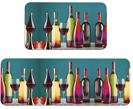 Tappetino antiscivolo da cucina con bicchieri da cocktail e vino, stampa senza bottiglia, set da 2 pezzi, impermeabile