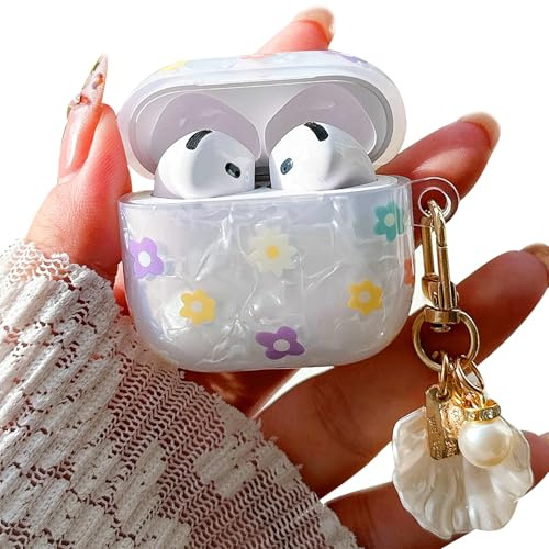 PHOEACC Kompatibel mit AirPods 4 Generation Hülle Case 2024 Cute Ästhetisch Blume Marmor Schutzhülle mit Perlenschale Schlüsselanhänger für Mädchen und Frauen (4th - Blumen Bunt)