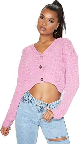 ZARVICZONIA Women's 3-Button Chunky Cable Knit Long Sleeve Cropped Cardigan - Stylish & Warm Grandad Bolero Sweater for Casual & Party Wear Baby Pink