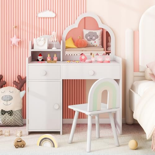 RELAX4LIFE Toeletta Trucco per Bambina, Specchiera Trucco con Sgabello e Specchio Acrilico, Postazione Trucco in Legno, per Bambini 3+ Anni