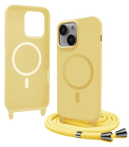 Bigcousin Funda Magnética con Cuerda Compatible con iPhone 14 Plus,Compatible con Magsafe,Silicona Caso con Correa Colgante Ajustable Collar Correa de Cuello Cadena Cordón,Amarillo