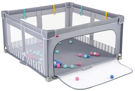 DREAMADE Laufstall Baby Faltbar, 150 x 150 x 76,5 cm Laufgitter mit 50 Ozeanbällen, 4 Haltegriffen & Tragetasche, Playpen für Baby 0-3 Jahre (Grau)