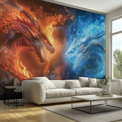 Generisch Fototapete Wanddeko Wandbild Eis Feuer Drache, 350x256 Orientalische Bestie Motivtapeten Wandtapete, Vliestapete Panorama Poster Wanddeko, Küche Wohnzimmer Schlafzimmer