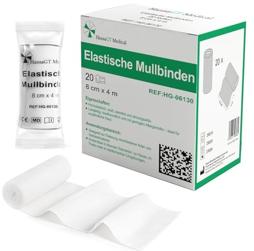 HansaGT Medical Mullbinden 20 Rollen 8cm x 4m, Hochelastische Latexfreie Fixierbinde, 80% Dehnbar & Extra Weich, Einzeln Verpackt für Wundauflagen, Gelenke & Erste-Hilfe Verbandsmaterial