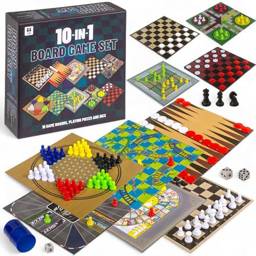 MIJOMA 10-in-1 Brettspiel Set – Reisespiele für Kinder & Erwachsene – 10 Klassiker in 1 – Kompaktes Spiele-Set 15x15 cm – Gesellschaftsspiele für 2–8 Spieler