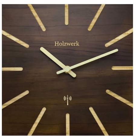 Holzwerk Natur Holz Ihr Funk Wanduhr Funkwanduhr Eckig Funkuhr Vintage laufleises Uhrwerk ohne Tickgeräüsche Buche Braun Grau nahezu lautlos Massivholz Natur 25 cm (HWN.Braun.)