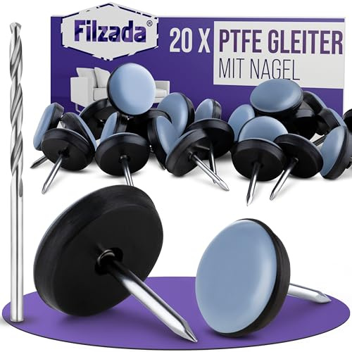 Filzada® 20x Teflongleiter Nagel Ø 25mm - PTFE Möbelgleiter inkl. Bohrer | Stuhlgleiter Fliesen, Teppich - Bodenschoner für Stühle & raue Böden - Möbelgleiter PTFE - strapazierfähig - Teppichgleiter