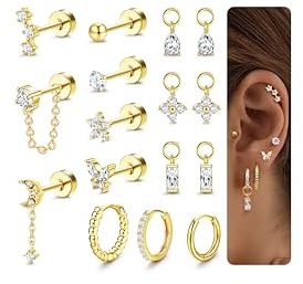 Diamday 16 Pcs Piercing Ohr Chirurgenstahl Ohrringe Gold Silber Helix Piercings Medizinische Ohrstecker Creolen Ohrringe Piercing Set Conch Helix Tragus Piercing für Mehrere Ohrlöcher