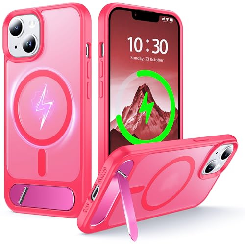 NJROW Magnetic Stand for iPhone 14 Plus/iPhone 15 Plus Case with MagSafe | [Stand & Wireless Charging 2in1] [Flush Kickstand][Military Shockproof] Slim Translucent Matte, Rose