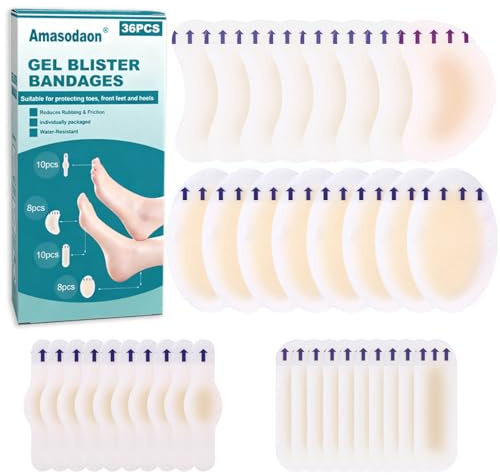 Amasodaon Foot Band-Aid, Hydrocolloid Gel Blister Bandages for Feet, Waterproof Blister Pads Cushions for Heel, Toe & Foot Prevention & Recovery, Foot Anti-Friction Pain Relief Blister Pad (36PCS)