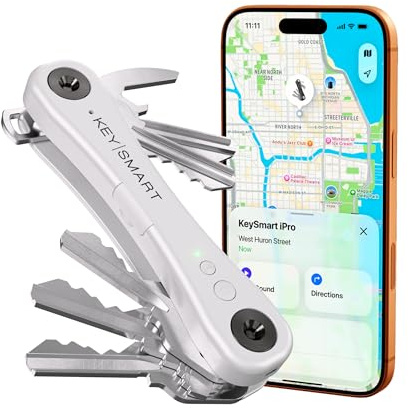 KeySmart iPro (Gen 2)– Schlüsselfinder mit Ton, Schlüsselhalter & Organizer, kompatibel mit Apple „Wo ist?“, kompakt & ordentlich, Tech-Geschenk für Männer,bis 14 Schlüssel, Weiß