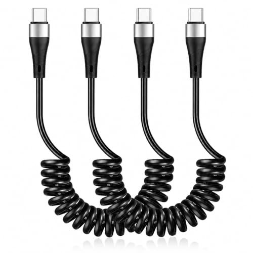 2 PCS Câble USB C vers USB C Spiralé 0.35M-1M, 120W 6A Charge Rapide, Cordon Extensible Anti-Nœuds, Format Ressort pour Voiture, Bureau, Voyage, Smartphone, Tablette et Ordinateur Portable
