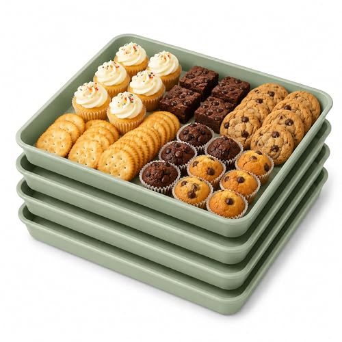URMONA 4 Bandejas para Servir, 36 × 26 cm, Plástico Reutilizable sin BPA | Plato ligero y resistente para aperitivos, galletas, frutas y postres, ideal para fiestas, catering y uso diario (Verde)