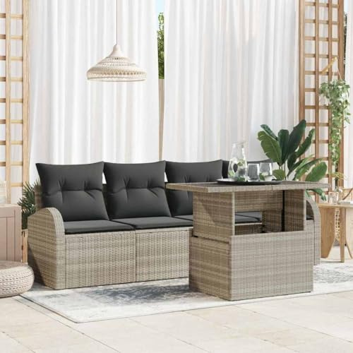 QUAHEAS Gartensofa-Set, 5-teilig, Hellgrau Poly-Rattan, modular, wetterfest, höhenverstellbarer Tisch, UV-beständig, für Terrasse, Balkon und Garten