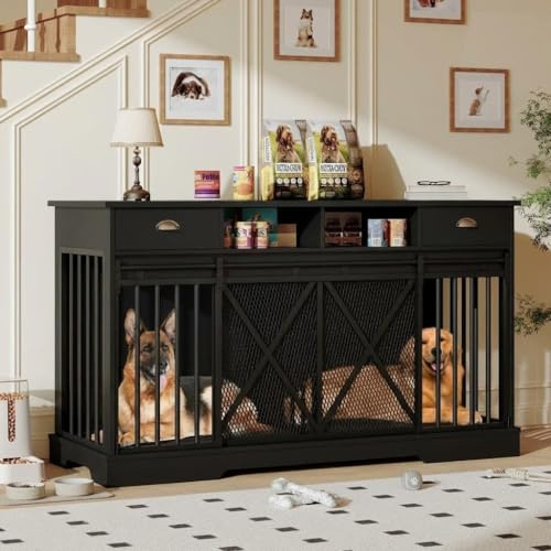 Double Dog Crate with Removable Divider, 63'' Extra Large Dog Cage Furniture with Sliding Doors & 2 Drawers, Multifunctional Indoor Pet House TV Stand for 2 Pets, Black