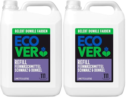 Ecover Flüssigwaschmittel Nachfüllpack für schwarze und dunkle Wäsche, Limetten- und Lotusduft, ecover waschmittel, 111 Wäschen, 1 x 5L (Packung mit 2)