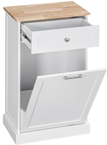 HOMCOM Armoire à Poubelle basculante 10 gallons avec tiroir Blanc | Poubelle cachée en bois pour cuisine, armoire panier à linge pour salle de bain