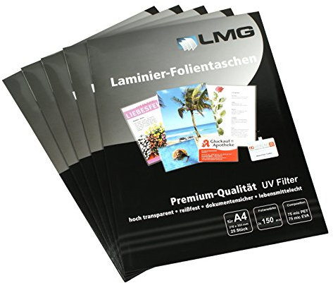 LMG LMGA4-150UV-25 Laminierfolien A4, 216 x 303 mm, 2 x 150 mic mit UV Filter, 25 Stück