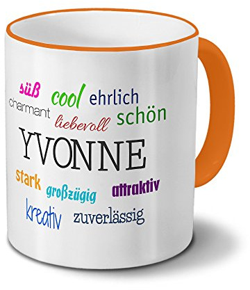 printplanet Tasse mit Namen Yvonne - Positive Eigenschaften von Yvonne - Namenstasse, Kaffeebecher, Mug, Becher, Kaffeetasse - Farbe Orange