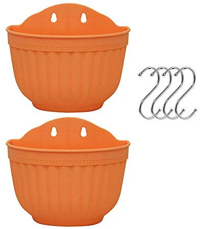 Set of 2 Pcs Hanging Planters outdoor Wall Hanging Planter Plastic Flower Pot for Balcony Fence Wall Mounted Planters with Drainage and 4 Hooks (orange+orange)