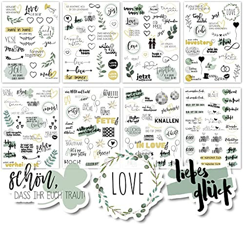Sticker Hochzeit Gästebuch (4 Bögen) - Vintage Hochzeit Aufkleber für Gästebuch oder Fotoalbum mit viel Liebe - Love Stickers für Scrapbook oder Bullet Journal - Wedding Deko mit Herz - Goldgrün