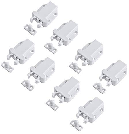 LIKERAINY Push to Open Chiavistelli per Porte Plastica Rullo Chiusura a Scatto Serratura per Porta Armadi da Cucina Cassetti Casa Mobilia Bagno Credenza Bianco (8 Pcs)